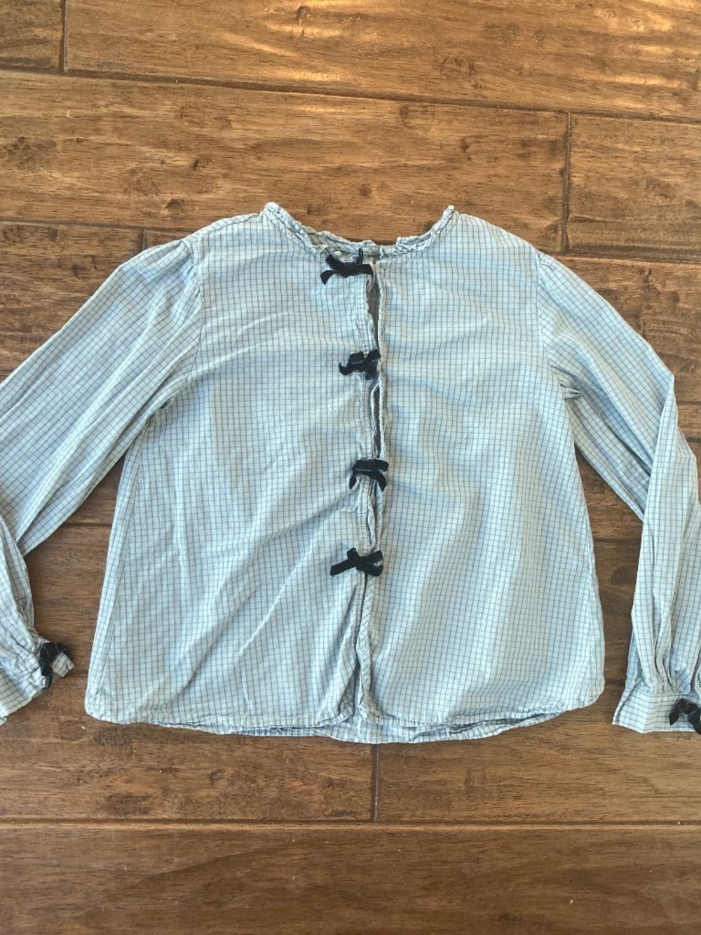 Zara Girls 11-12 Blue Textured Plaid Button Down Long Sleeve Velvet Bows